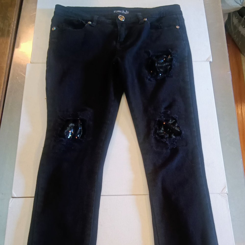 Cache Black Distressed Sequin Mid Rise Skinny Jeans